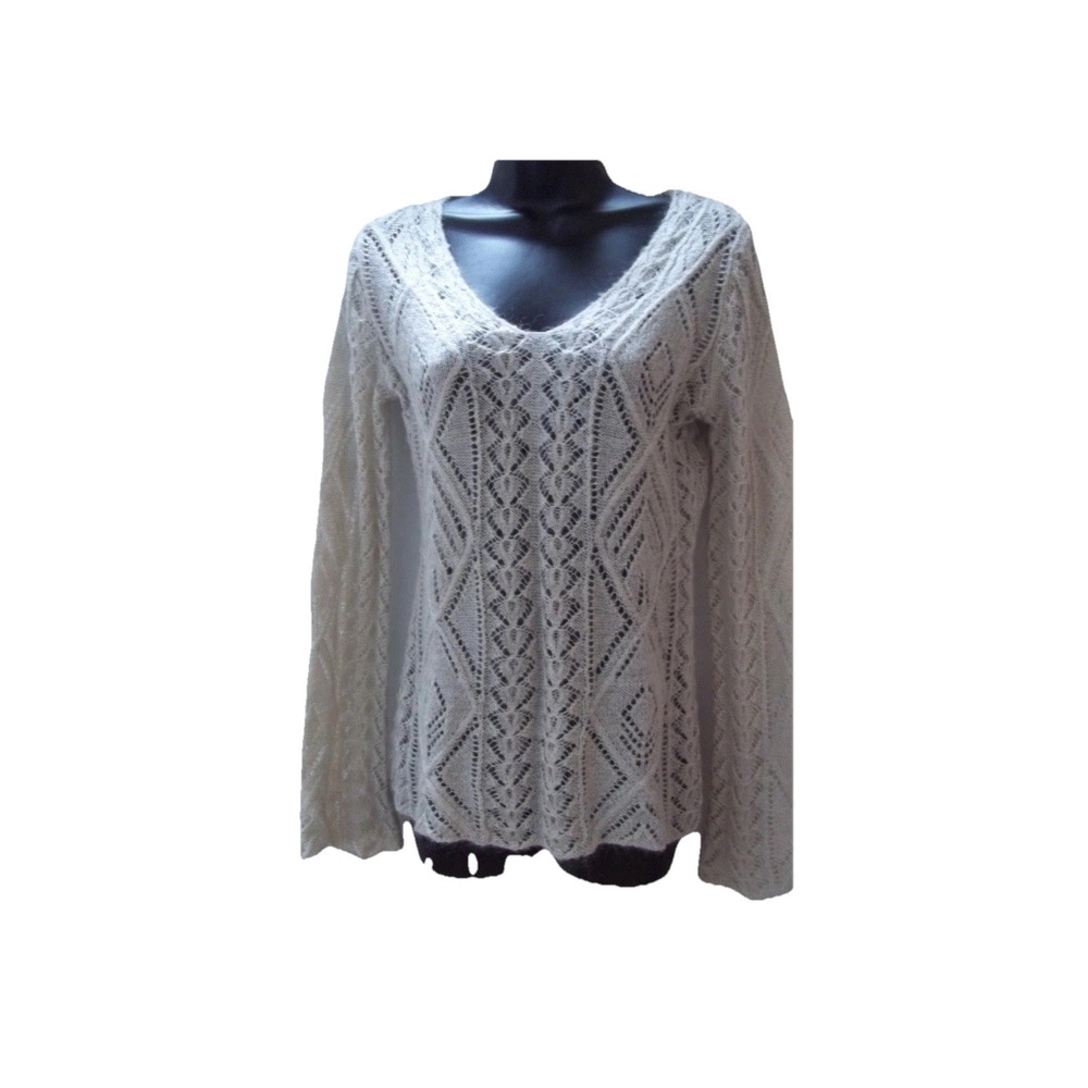 Cabi L Sweater Beige Open Weave Mohair Blend Long Sleeve Bell Sleeve Boho Knit